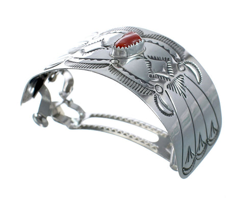 Coral and Genuine Sterling Silver Navajo Hair Barrette JX131021